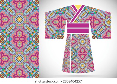 Colección de arte de moda, ilustración colorida. Ropa étnica kimono japonesa estilizada y patrón decorativo sin fisuras para tela textil, papel impreso, invitación o diseño de tarjetas de visita. ele aislado