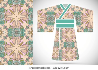 Fashion art collection, colorful illustration. Stylized Japanese kimono ethnic clothes and decorative seamless pattern for textile fabric, paper print, invitation or business card design. Isolated ele