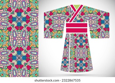 Fashion art collection, colorful illustration. Stylized Japanese kimono ethnic clothes and decorative seamless pattern for textile fabric, paper print, invitation or business card design. Isolated ele