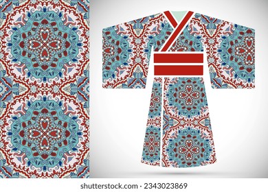 Fashion art collection, colorful illustration. Stylized Japanese kimono ethnic clothes and decorative seamless pattern for textile fabric, paper print, invitation or business card design. Isolated ele