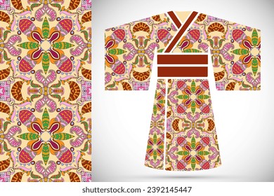 Fashion art collection, colorful illustration. Stylized Japanese kimono ethnic clothes and decorative seamless pattern for textile fabric, paper print, invitation or business card design. Isolated 