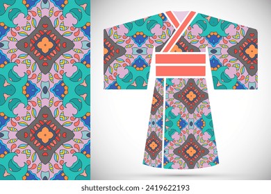 Fashion art collection, colorful illustration. Stylized Japanese kimono ethnic clothes and decorative seamless pattern for textile fabric, paper print, invitation or business card design. Isolated 