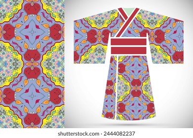 Fashion art collection, colorful illustration. Stylized Japanese kimono ethnic clothes and decorative seamless pattern for textile fabric, paper print, invitation or business card design. Isolated