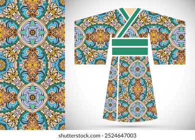 Fashion art collection, colorful illustration. Stylized Japanese kimono ethnic clothes and decorative seamless pattern for textile fabric, paper print, invitation or business card design. Isolated