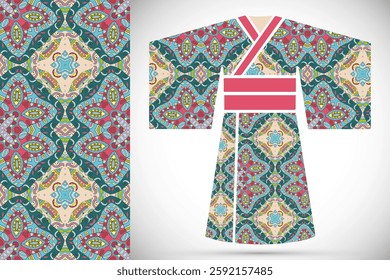 Fashion art collection, colorful illustration. Stylized Japanese kimono ethnic clothes and decorative seamless pattern for textile fabric, paper print, invitation or business card design. Isolated 