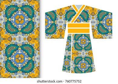 Fashion art collection, colorful illustration. Stylized Japanese kimono ethnic clothes and decorative seamless pattern for textile fabric, paper print, invitation or business card design. Isolated ele