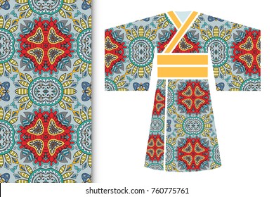 Fashion art collection, colorful illustration. Stylized Japanese kimono ethnic clothes and decorative seamless pattern for textile fabric, paper print, invitation or business card design. Isolated ele