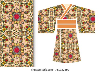 Fashion art collection, colorful illustration. Stylized Japanese kimono ethnic clothes and decorative seamless pattern for textile fabric, paper print, invitation or business card design. Isolated ele