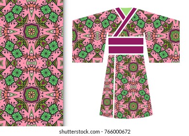 Fashion art collection, colorful illustration. Stylized Japanese kimono ethnic clothes and decorative seamless pattern for textile fabric, paper print, invitation or business card design. Isolated ele