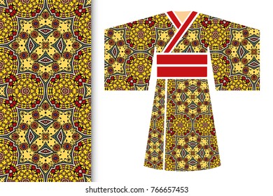 Fashion art collection, colorful illustration. Stylized Japanese kimono ethnic clothes and decorative seamless pattern for textile fabric, paper print, invitation or business card design. Isolated ele