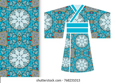 Fashion art collection, colorful illustration. Stylized Japanese kimono ethnic clothes and decorative seamless pattern for textile fabric, paper print, invitation or business card design. Isolated ele