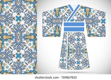 Fashion art collection, colorful illustration. Stylized Japanese kimono ethnic clothes and decorative seamless pattern for textile fabric, paper print, invitation or business card design. Isolated ele