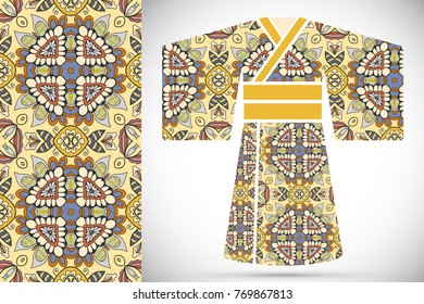 Fashion art collection, colorful illustration. Stylized Japanese kimono ethnic clothes and decorative seamless pattern for textile fabric, paper print, invitation or business card design. Isolated ele