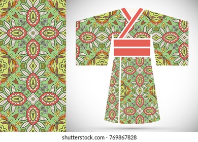 Fashion art collection, colorful illustration. Stylized Japanese kimono ethnic clothes and decorative seamless pattern for textile fabric, paper print, invitation or business card design. Isolated ele