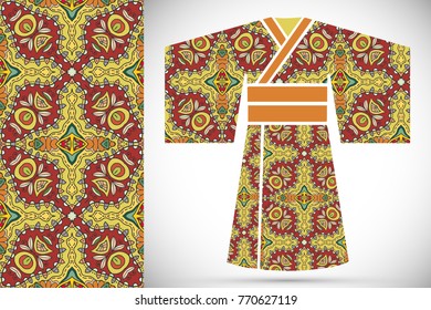 Fashion art collection, colorful illustration. Stylized Japanese kimono ethnic clothes and decorative seamless pattern for textile fabric, paper print, invitation or business card design. Isolated ele