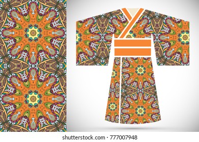 Fashion art collection, colorful illustration. Stylized Japanese kimono ethnic clothes and decorative seamless pattern for textile fabric, paper print, invitation or business card design. Isolated ele