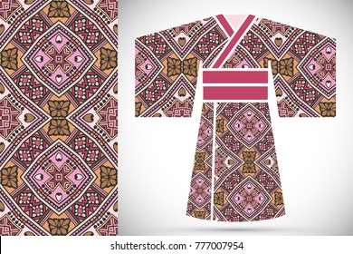 Fashion art collection, colorful illustration. Stylized Japanese kimono ethnic clothes and decorative seamless pattern for textile fabric, paper print, invitation or business card design. Isolated ele