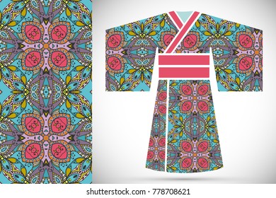 Fashion art collection, colorful illustration. Stylized Japanese kimono ethnic clothes and decorative seamless pattern for textile fabric, paper print, invitation or business card design. Isolated ele