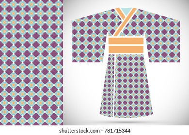 Fashion art collection, colorful illustration. Stylized Japanese kimono ethnic clothes and decorative seamless pattern for textile fabric, paper print, invitation or business card design. Isolated ele