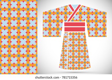 Fashion art collection, colorful illustration. Stylized Japanese kimono ethnic clothes and decorative seamless pattern for textile fabric, paper print, invitation or business card design. Isolated ele