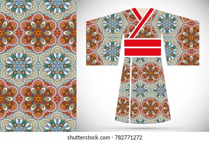 Fashion art collection, colorful illustration. Stylized Japanese kimono ethnic clothes and decorative seamless pattern for textile fabric, paper print, invitation or business card design. Isolated ele