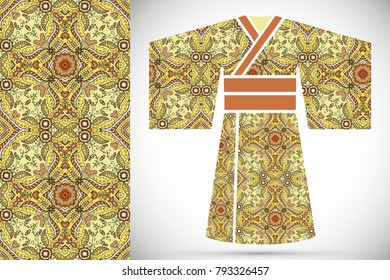 Fashion art collection, colorful illustration. Stylized Japanese kimono ethnic clothes and decorative seamless pattern for textile fabric, paper print, invitation or business card design. Isolated ele