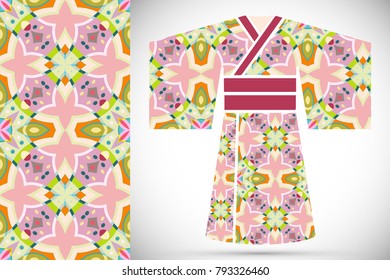 Fashion art collection, colorful illustration. Stylized Japanese kimono ethnic clothes and decorative seamless pattern for textile fabric, paper print, invitation or business card design. Isolated ele