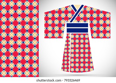 Fashion art collection, colorful illustration. Stylized Japanese kimono ethnic clothes and decorative seamless pattern for textile fabric, paper print, invitation or business card design. Isolated ele