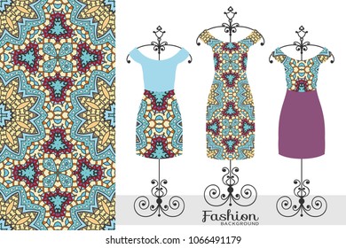Fashion art collection, colorful vector illustration. Women's dress on a hanger and decorative seamless pattern for textile fabric, paper print, invitation or business card design. Isolated elements