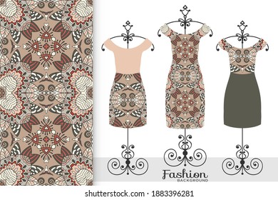 Fashion art collection, colorful vector illustration. Women's dress on a hanger and decorative seamless pattern for textile fabric, paper print, invitation or business card design. Isolated elements