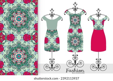 Fashion art collection, colorful vector illustration. Women's dress on a hanger and decorative seamless pattern for textile fabric, paper print, invitation or business card design. Isolated elements