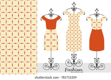 Fashion art collection, colorful vector illustration. Women's dress on a hanger and decorative seamless pattern for textile fabric, paper print, invitation or business card design. Isolated elements