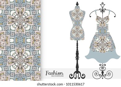 Fashion art collection, vector illustration. Vintage tailor's dummy, dress model and colorful seamless pattern for textile fabric, paper print, invitation or business card design. Isolated elements