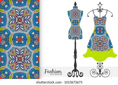 Fashion art collection, vector illustration. Vintage tailor's dummy, dress model and colorful seamless pattern for textile fabric, paper print, invitation or business card design. Isolated elements