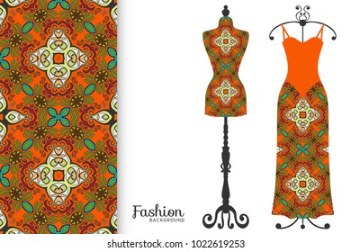 Fashion art collection, vector illustration. Vintage tailor's dummy, dress model and colorful seamless pattern for textile fabric, paper print, invitation or business card design. Isolated elements