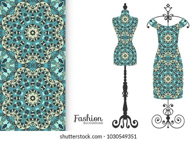 Fashion art collection, vector illustration. Vintage tailor's dummy, dress model and colorful seamless pattern for textile fabric, paper print, invitation or business card design. Isolated elements