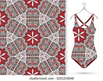 Fashion art collection, vector illustration. Women's swimsuit model on a hanger and colorful seamless pattern for textile fabric, paper print, invitation or business card design. Isolated elements