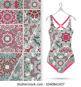 Fashion art collection, vector illustration. Women's swimsuit model on a hanger and patchwork quilt pattern for textile fabric, paper print, invitation or business card design. Isolated elements