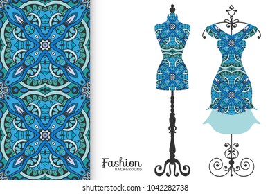 Fashion art collection, vector illustration. Vintage tailor's dummy, dress model and colorful seamless pattern for textile fabric, paper print, invitation or business card design. Isolated elements