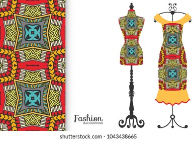 Fashion art collection, vector illustration. Vintage tailor's dummy, dress model and colorful seamless pattern for textile fabric, paper print, invitation or business card design. Isolated elements