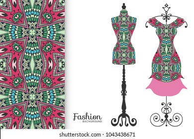 Fashion art collection, vector illustration. Vintage tailor's dummy, dress model and colorful seamless pattern for textile fabric, paper print, invitation or business card design. Isolated elements
