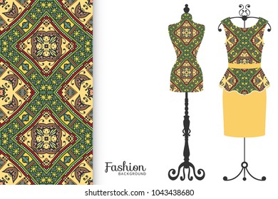 Fashion art collection, vector illustration. Vintage tailor's dummy, dress model and colorful seamless pattern for textile fabric, paper print, invitation or business card design. Isolated elements