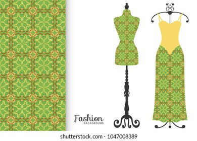 Fashion art collection, vector illustration. Vintage tailor's dummy, dress model and colorful seamless pattern for textile fabric, paper print, invitation or business card design. Isolated elements