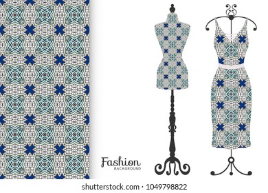 Fashion art collection, vector illustration. Vintage tailor's dummy, dress model and colorful seamless pattern for textile fabric, paper print, invitation or business card design. Isolated elements