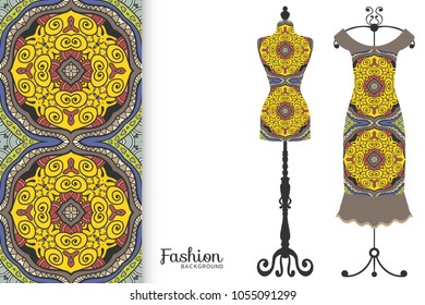 Fashion art collection, vector illustration. Vintage tailor's dummy, dress model and colorful seamless pattern for textile fabric, paper print, invitation or business card design. Isolated elements