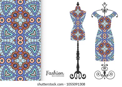 Fashion art collection, vector illustration. Vintage tailor's dummy, dress model and colorful seamless pattern for textile fabric, paper print, invitation or business card design. Isolated elements