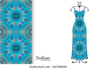 Fashion art collection, vector illustration. Women's dress model on a hanger and colorful seamless pattern for textile fabric, paper print, invitation or business card design. Isolated elements