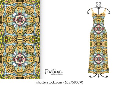 Fashion art collection, vector illustration. Women's dress model on a hanger and colorful seamless pattern for textile fabric, paper print, invitation or business card design. Isolated elements