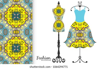 Fashion art collection, vector illustration. Vintage tailor's dummy, dress model and colorful seamless pattern for textile fabric, paper print, invitation or business card design. Isolated elements