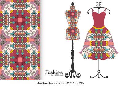 Fashion art collection, vector illustration. Vintage tailor's dummy, dress model and colorful seamless pattern for textile fabric, paper print, invitation or business card design. Isolated elements